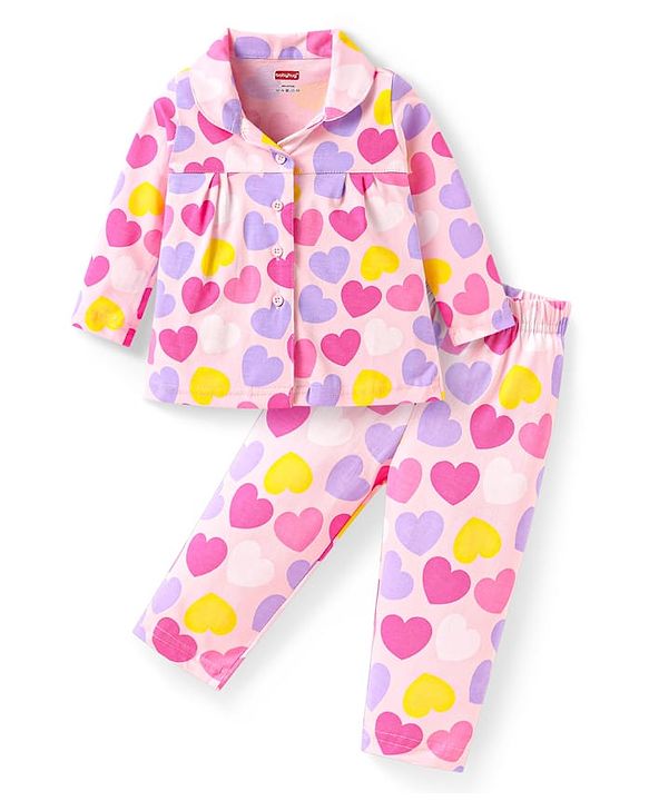 Babyhug Cotton Knit Full Sleeves Night Suit With Heart Print - Pink