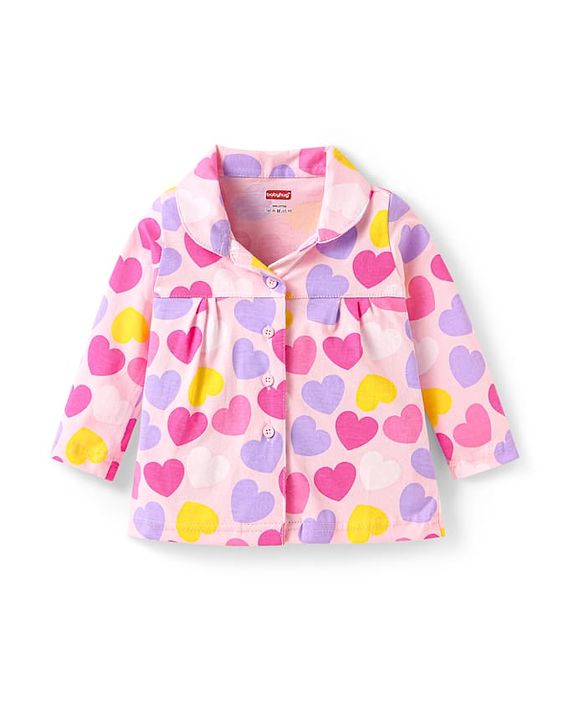 Babyhug Cotton Knit Full Sleeves Night Suit With Heart Print - Pink