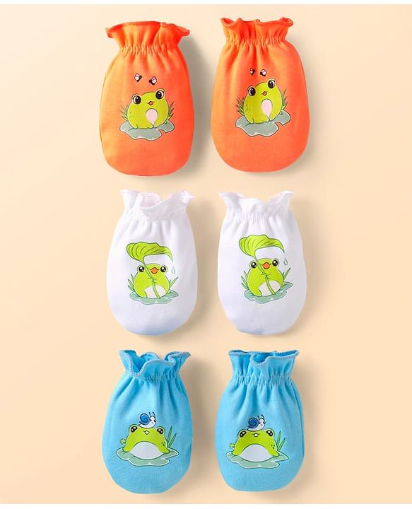 Babyhug Interlock Knit Mittens With Frog Print Pack of 3 - White Blue & Orange