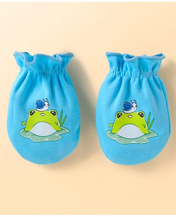 Babyhug Interlock Knit Mittens With Frog Print Pack of 3 - White Blue & Orange