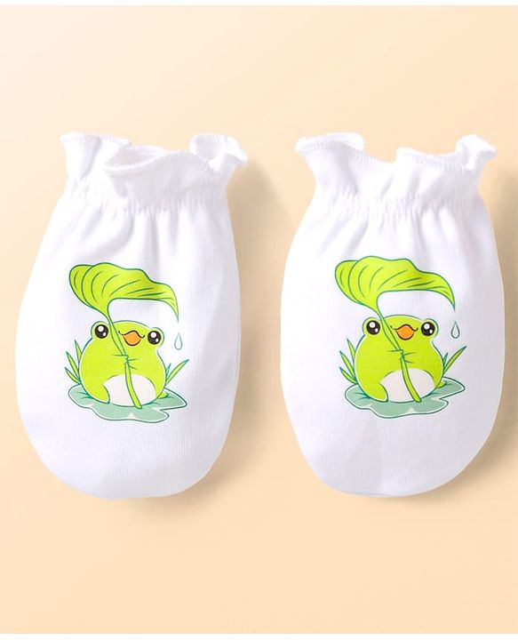 Babyhug Interlock Knit Mittens With Frog Print Pack of 3 - White Blue & Orange