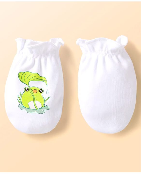 Babyhug Interlock Knit Mittens With Frog Print Pack of 3 - White Blue & Orange