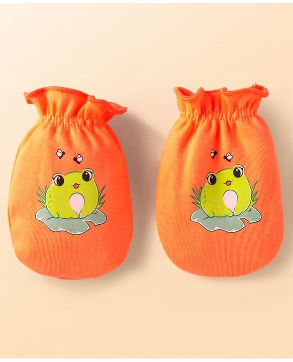 Babyhug Interlock Knit Mittens With Frog Print Pack of 3 - White Blue & Orange