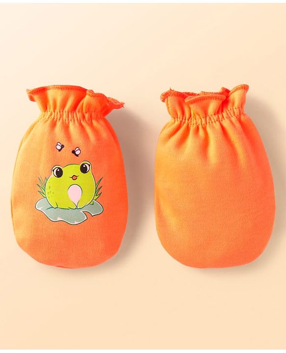 Babyhug Interlock Knit Mittens With Frog Print Pack of 3 - White Blue & Orange