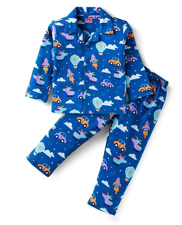 Babyhug Cotton Knit Full Sleeves Night Suit With Vehicle Print - Blue