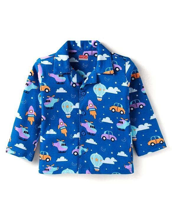 Babyhug Cotton Knit Full Sleeves Night Suit With Vehicle Print - Blue