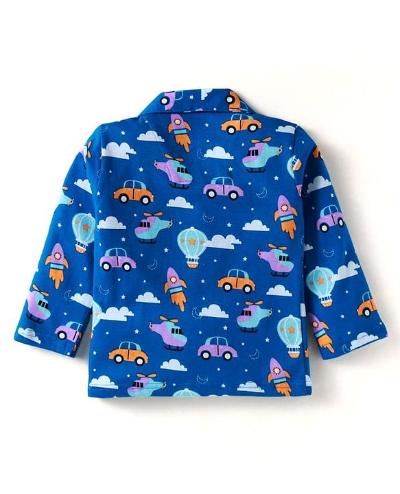 Babyhug Cotton Knit Full Sleeves Night Suit With Vehicle Print - Blue