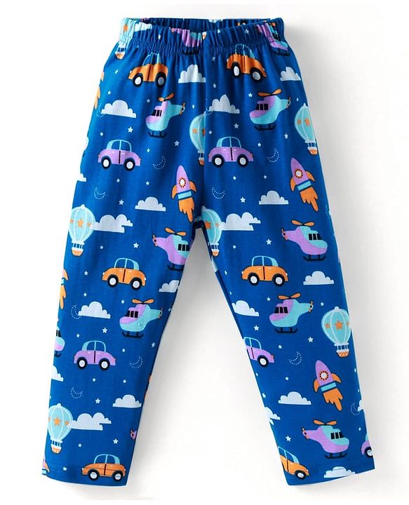 Babyhug Cotton Knit Full Sleeves Night Suit With Vehicle Print - Blue