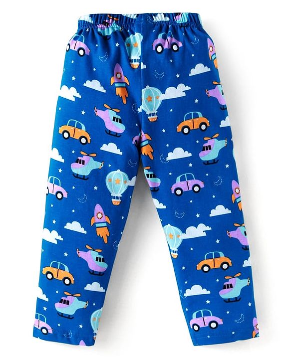 Babyhug Cotton Knit Full Sleeves Night Suit With Vehicle Print - Blue
