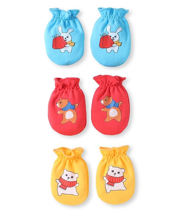 Babyhug 100% Cotton Knit Mittens with Bear Print Pack of 3 - Light Blue Red & Yellow