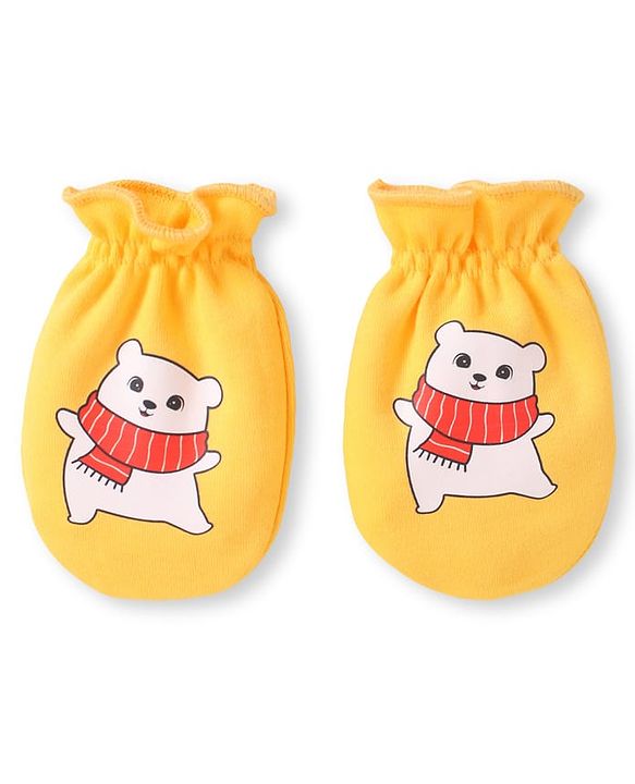 Babyhug 100% Cotton Knit Mittens with Bear Print Pack of 3 - Light Blue Red & Yellow