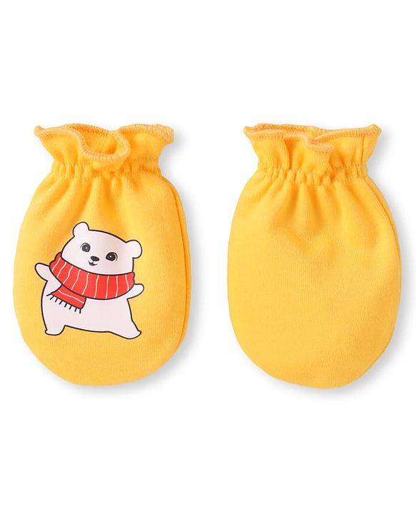 Babyhug 100% Cotton Knit Mittens with Bear Print Pack of 3 - Light Blue Red & Yellow