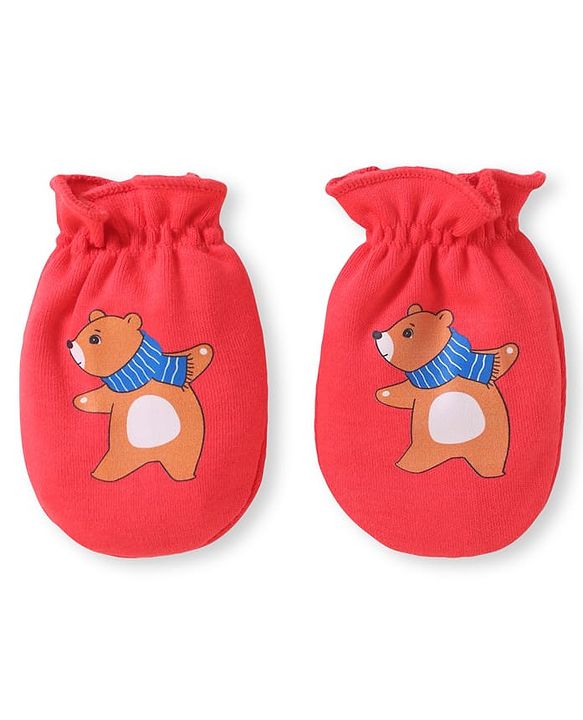Babyhug 100% Cotton Knit Mittens with Bear Print Pack of 3 - Light Blue Red & Yellow