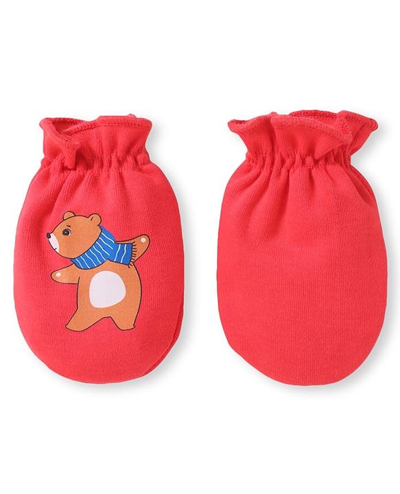 Babyhug 100% Cotton Knit Mittens with Bear Print Pack of 3 - Light Blue Red & Yellow