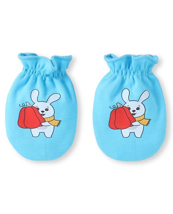 Babyhug 100% Cotton Knit Mittens with Bear Print Pack of 3 - Light Blue Red & Yellow