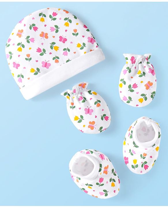 Babyhug 100% Cotton Knit Cap Mittens & Booties Set wit Floral Print - White
