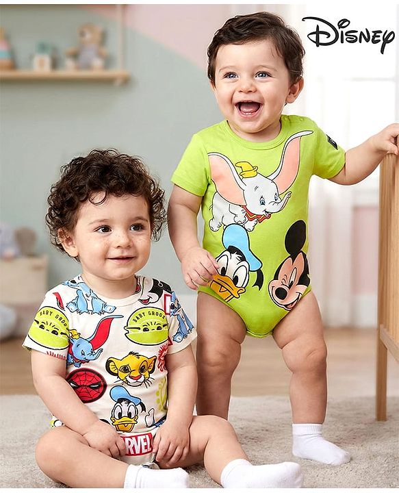 Babyhug Disney Interlock Knit Half Sleeves Onesies With Disney Character Detailing Pack of 2 - Green & White