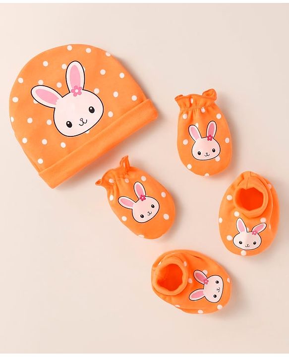 Babyhug Interlock Knit Cap Mittens & Booties With Bunny & Polka Dot Print - Orange