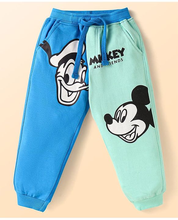 Babyhug Disney Cotton Knit Full Sleeves Cut & Sew T-Shirt & Lounge Pant Set with Mickey & Friends Graphics - Blue & Light Green