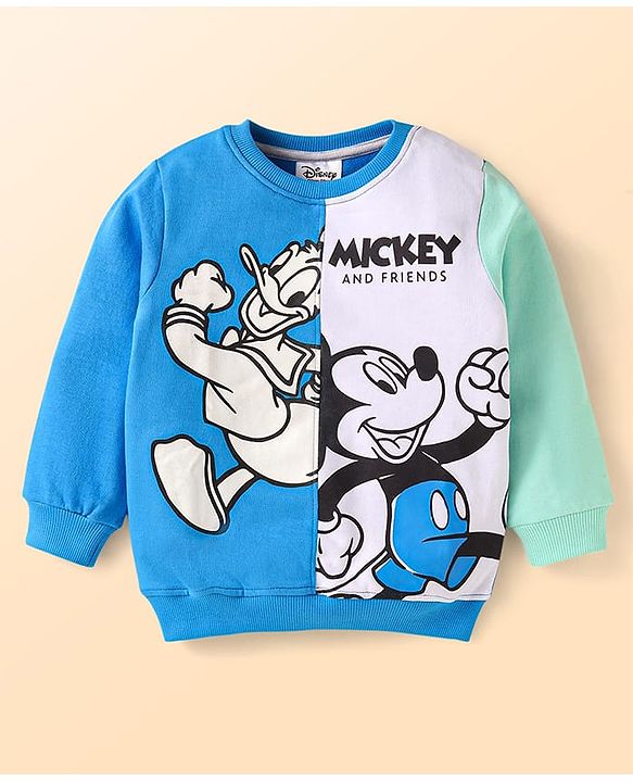 Babyhug Disney Cotton Knit Full Sleeves Cut & Sew T-Shirt & Lounge Pant Set with Mickey & Friends Graphics - Blue & Light Green