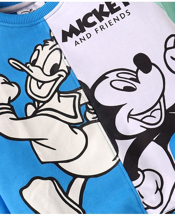 Babyhug Disney Cotton Knit Full Sleeves Cut & Sew T-Shirt & Lounge Pant Set with Mickey & Friends Graphics - Blue & Light Green