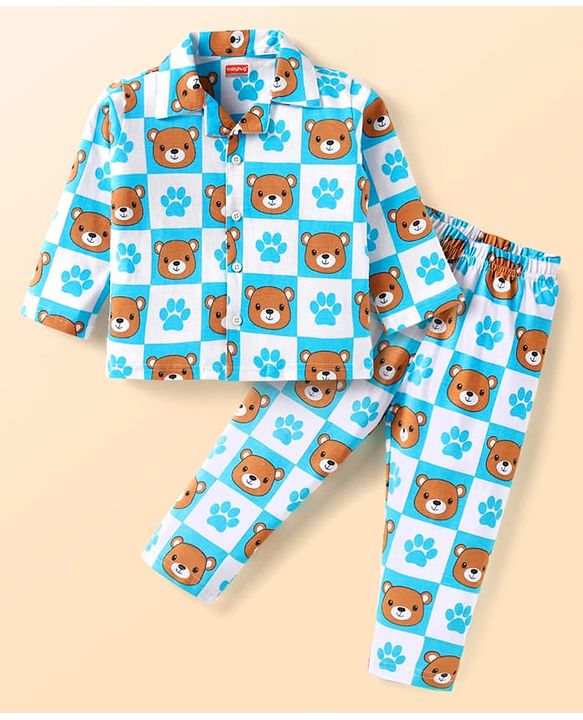 Babyhug Cotton Knit Full Sleeves Bear Printed Night Suit - Aqua Blue