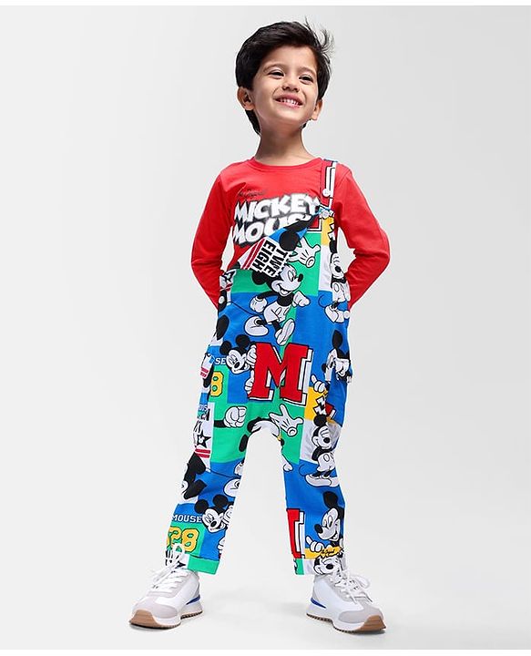 Babyhug Disney Terry Knit Full Sleeves T-Shirt & Romper With Mickey Mouse Graphics - Red
