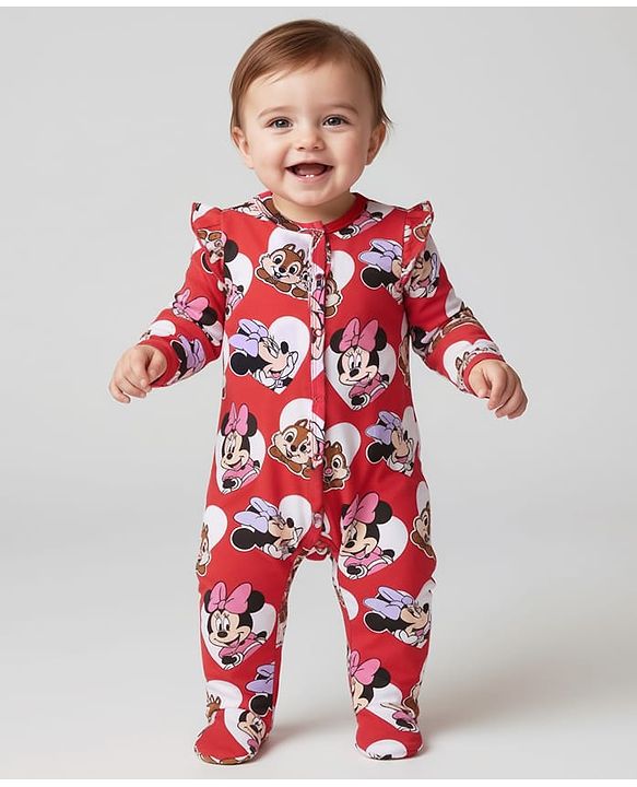 Babyhug Disney Interlock Knit Full Sleeves Front Open Footed Sleep Suit with Minnie Mouse Print & Frill Detailing - Red