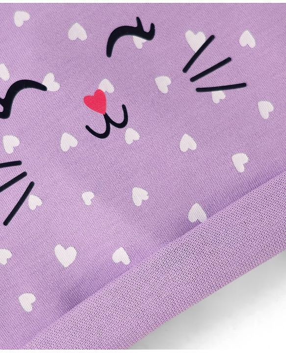 Babyhug 100% Cotton Interlock Knit Cap Mittens & Booties Set With Cat Face Print Purple - Diameter 10 cm