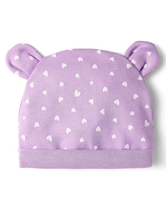 Babyhug 100% Cotton Interlock Knit Cap Mittens & Booties Set With Cat Face Print Purple - Diameter 10 cm