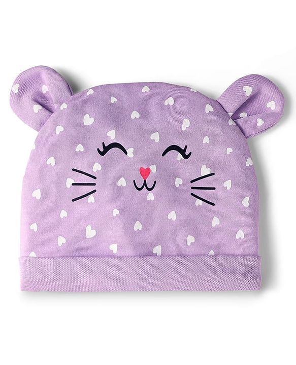 Babyhug 100% Cotton Interlock Knit Cap Mittens & Booties Set With Cat Face Print Purple - Diameter 10 cm