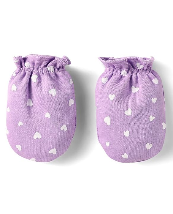 Babyhug 100% Cotton Interlock Knit Cap Mittens & Booties Set With Cat Face Print Purple - Diameter 10 cm