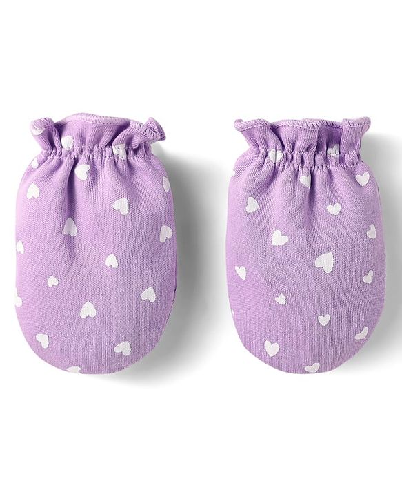 Babyhug 100% Cotton Interlock Knit Cap Mittens & Booties Set With Cat Face Print Purple - Diameter 10 cm