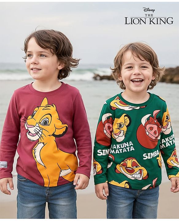 Babyhug Disney Single Jersey Knit Full Sleeves T-Shirts With Samba & Friends Graphic Pack of 2 - Green & Rust Orange
