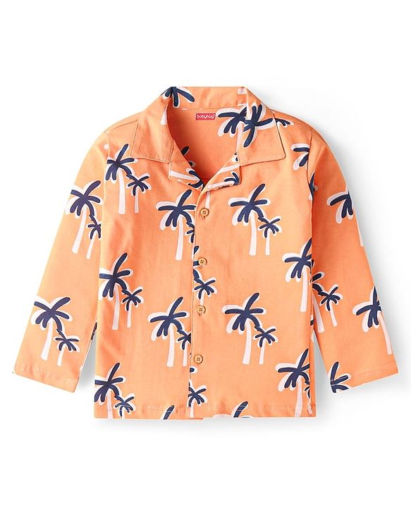 Babyhug Cotton Knit Full Sleeves Front Open Night Suit with Coconut Tree Print - Orange
