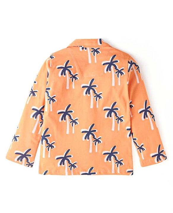 Babyhug Cotton Knit Full Sleeves Front Open Night Suit with Coconut Tree Print - Orange