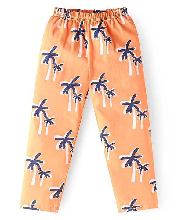 Babyhug Cotton Knit Full Sleeves Front Open Night Suit with Coconut Tree Print - Orange