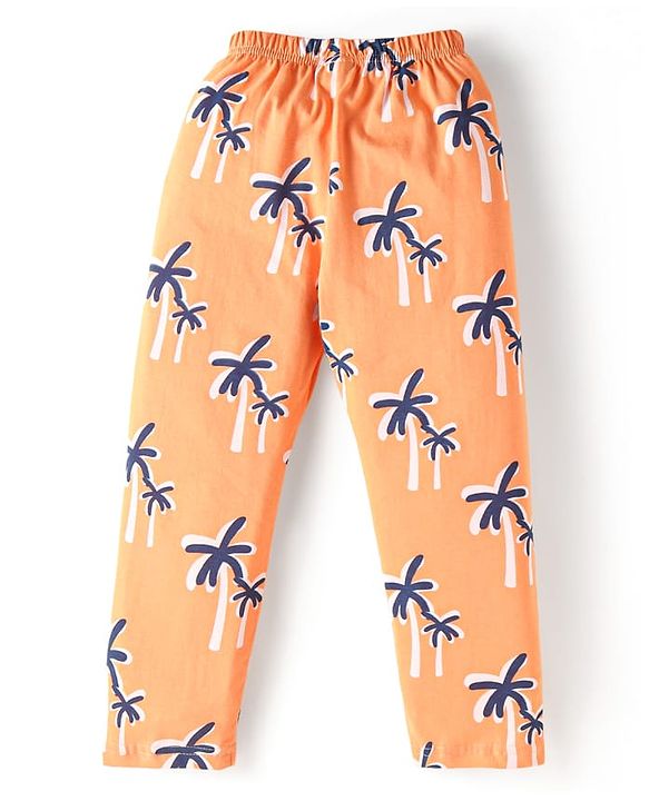 Babyhug Cotton Knit Full Sleeves Front Open Night Suit with Coconut Tree Print - Orange