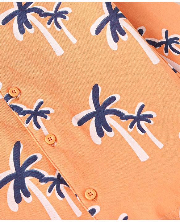 Babyhug Cotton Knit Full Sleeves Front Open Night Suit with Coconut Tree Print - Orange