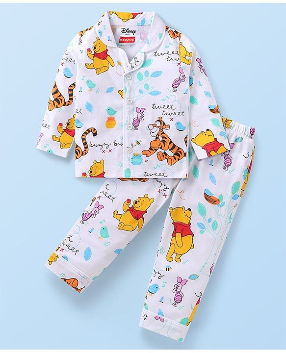 Babyhug Disney Single Jersey Knit Full Sleeves Night Suit With Winnie & Friends Print - White
