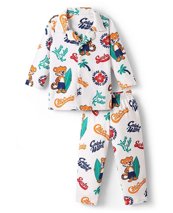 Babyhug Cotton Knit Full Sleeves Front Open Co-ords Night Suit with Beach Theme Print - White
