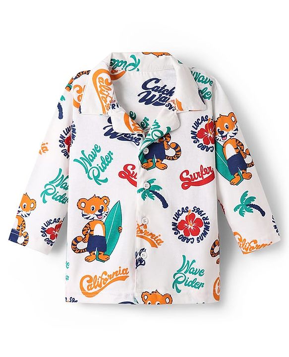 Babyhug Cotton Knit Full Sleeves Front Open Co-ords Night Suit with Beach Theme Print - White