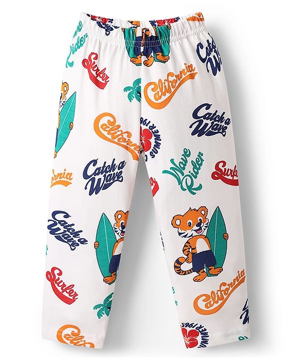 Babyhug Cotton Knit Full Sleeves Front Open Co-ords Night Suit with Beach Theme Print - White