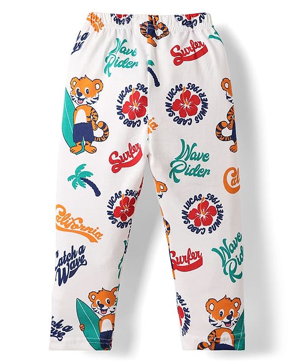 Babyhug Cotton Knit Full Sleeves Front Open Co-ords Night Suit with Beach Theme Print - White