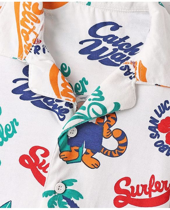 Babyhug Cotton Knit Full Sleeves Front Open Co-ords Night Suit with Beach Theme Print - White