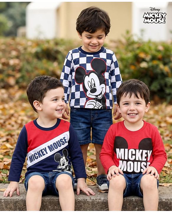 Babyhug Disney Single Jersey Knit Full Sleeves T-Shirt with Mickey Mouse Print Pack of 3 - White Navy Blue & Red