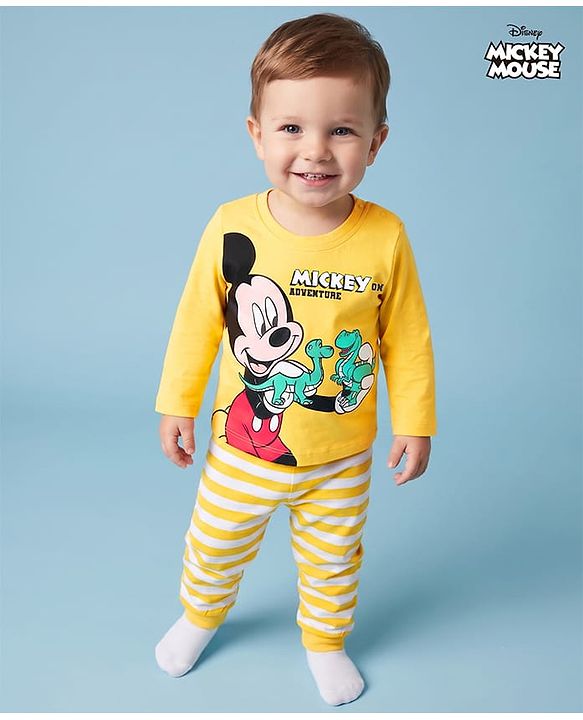 Babyhug Disney Single Jersey Knit Full Sleeves Night Suit with Mickey Mouse Graphics - Yellow