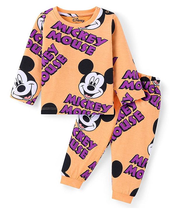 Babyhug Disney Single Jersey Knit Full Sleeves Night Suit With Mickey Mouse Graphics - Orange