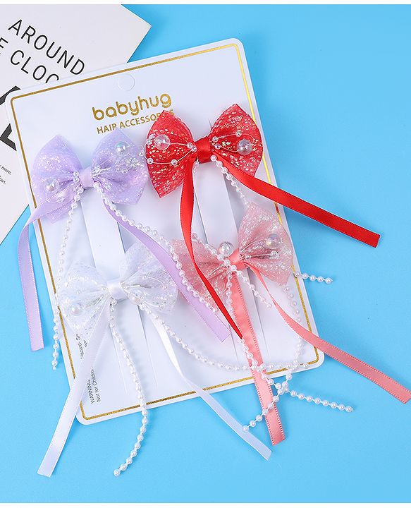 Babyhug Sequin Embellished Bow & Butterfly Clips Free Size Pack of 4 - Multicolor