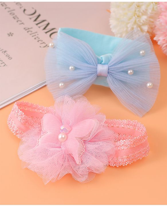 Babyhug Headbands with Bow & Floral Applique Free Size Pack of 2 - Pink & Light Blue